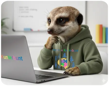 Ein fotorealistisches Erdmännchen sitzt konzentriert an einem Schreibtisch und schaut auf einen geöffneten Laptop. Es stützt sein Kinn nachdenklich auf seine Pfote und trägt einen olivgrünen Kapuzenpullover mit dem bunten Schriftzug „Autismus Kunterbunt“ und einem farbenfrohen Puzzleteil-Logo. Auf dem silbernen Laptop ist ebenfalls der bunt gefärbte Schriftzug „Autismus Kunterbunt“ zu sehen. Im unscharfen Hintergrund sind ein Whiteboard und bunte Bücher zu erkennen.