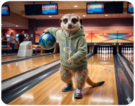 Beschreibung: Ein Erdmännchen-Maskottchen im grünen Kapuzenpullover mit dem Logo von Autismus Kunterbunt hält eine bunte Bowlingkugel auf einer Bowlingbahn. Es hat buntes Fell an den Beinen und trägt farbenfrohe Bowlingschuhe.