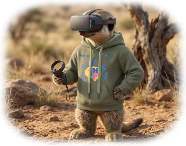 Ein flauschiges Erdmännchen namens Amiro in einer natürlichen Savannenlandschaft, das einen olivgrünen Hoodie mit dem farbenfrohen Logo von Autismus Kunterbunt trägt. Es trägt eine moderne VR-Brille auf dem Kopf und hält einen VR-Controller in der Pfote.