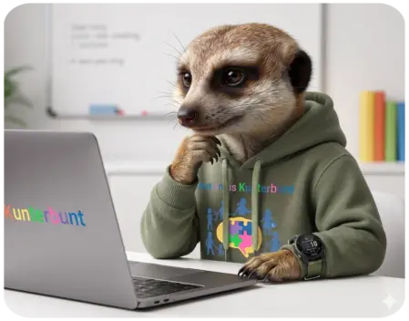 Erdmännchen Amiro im grünen Kapuzenpullover mit dem Logo von Autismus Kunterbunt sitzt aufmerksam vor einem geöffneten Laptop an einem Schreibtisch. Am linken Handgelenk trägt es eine schwarze Smartwatch.