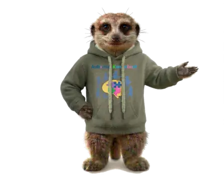 Das Erdmännchen Amiro, Maskottchen des Vereins Autismus Kunterbunt, trägt einen grünen Kapuzenpullover mit dem Vereinslogo und zeigt mit einer einladenden Handbewegung auf den folgenden Inhalt.