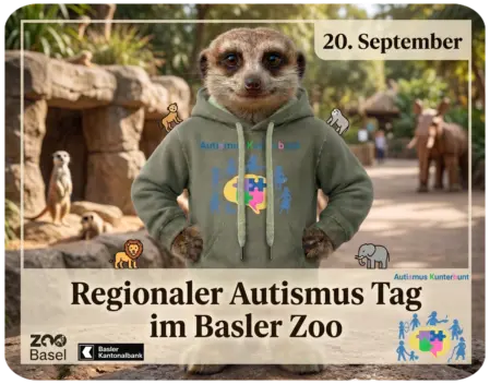Ankündigung zum Regionalen Autismus Tag am 20. September im Basler Zoo: Ein Erdmännchen im grünen Autismus Kunterbunt Hoodie steht im Vordergrund, flankiert von Tier-Illustrationen sowie den Logos von Zoo Basel und Basler Kantonalbank.